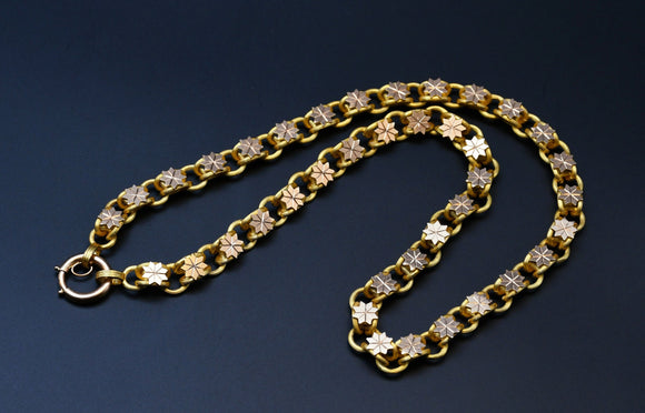 Victorian 14K Solid Yellow Gold Ornate Floral Link Book Chain Necklace, Collar Locket Chain