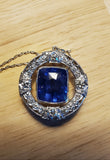 Vintage Platinum 18K Yellow Gold Filigree GIA Certified Sri Lanka Ceylon Blue Sapphire Old European Cut Diamond Pendant