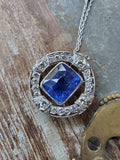 Vintage Platinum 18K Yellow Gold Filigree GIA Certified Sri Lanka Ceylon Blue Sapphire Old European Cut Diamond Pendant