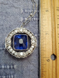 Vintage Platinum 18K Yellow Gold Filigree GIA Certified Sri Lanka Ceylon Blue Sapphire Old European Cut Diamond Pendant