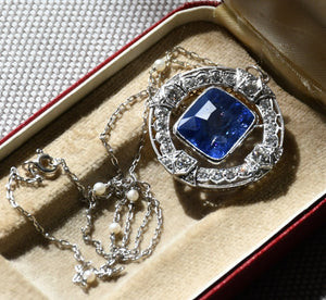 Vintage Platinum 18K Yellow Gold Filigree GIA Certified Sri Lanka Ceylon Blue Sapphire Old European Cut Diamond Pendant