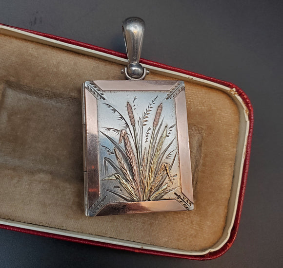 Substantial Antique Victorian Aesthetic Movement Two- Color 9CT/9K Gold Mixed Metal Etched Sterling Silver Rectangular Locket
