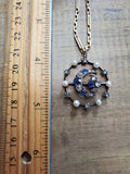 Antique Victorian 14K Gold Rose Cut Diamond Blue Sapphire Seed Pearl Crescent Moon and Star Pendant
