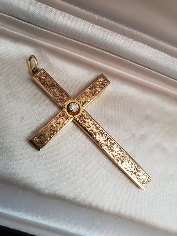 Antique Victorian Scroll Work Floral Etched Diamond 10K Gold Cross Pendant, Religious Charm Pendant