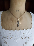 Vintage Antique Art Deco 14K Gold Silver Rose Cut diamond Sapphire Cross Pendant, Religious Charm Pendant