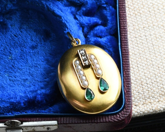 Antique Victorian European 15K Solid Gold Emerald Rose Cut Diamond Seed Pearl Oval Photo Locket, Circa 1880