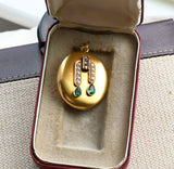 Antique Victorian European 15K Solid Gold Emerald Rose Cut Diamond Seed Pearl Oval Photo Locket,  Circa 1880