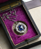 Vintage Platinum 18K Yellow Gold Filigree GIA Certified Sri Lanka Ceylon Blue Sapphire Old European Cut Diamond Pendant