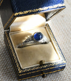 Art Deco Platinum Natural Blue Sapphire Cabochon Diamond Filigree Engagement Ring, 1.90 CTW, Size 7.5