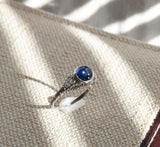 Art Deco Platinum Natural Blue Sapphire Cabochon Diamond Filigree Engagement Ring, 1.90 CTW, Size 7.5