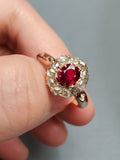 Antique Victorian 14K Gold Ruby Rose Cut Diamond Flower Halo Cluster Cocktail Ring, Engagement Ring, Size 6.75