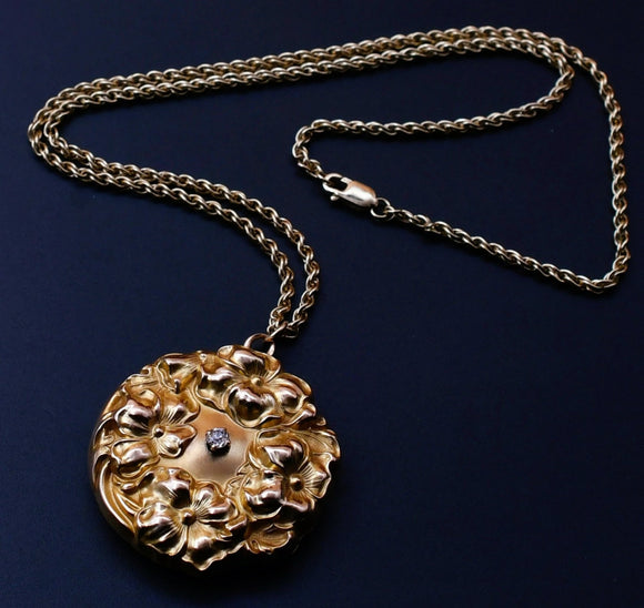 Antique Art Nouveau Repousse Pansy Flower 14K Gold Diamond Locket, Floral Wedding Locket, No Monogram
