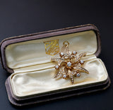 Antique Victorian 14K Yellow Gold 0.83 CTW Old Cut Diamond Seed Pearl Starburst Pin Brooch Pendant
