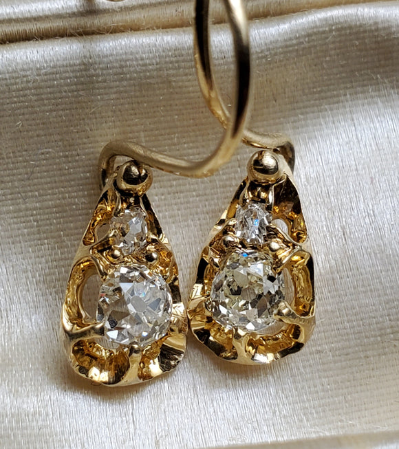Redesigned Antique 18K Old Mine Cut Diamond Dormeuse Drop Pierced Earrings, 0.50-0.53 CTW