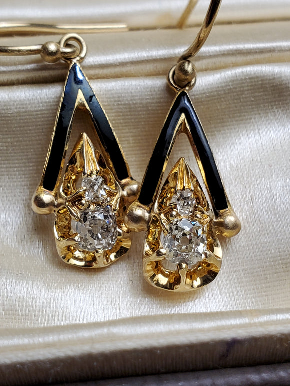 Redesigned Antique 18K Old Mine Cut Diamond Black Enamel Dormeuse Drop Pierced Earrings, 0.50 CTW