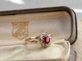 Antique Victorian 14K Gold Ruby Rose Cut Diamond Flower Halo Cluster Cocktail Ring, Engagement Ring, Size 6.75