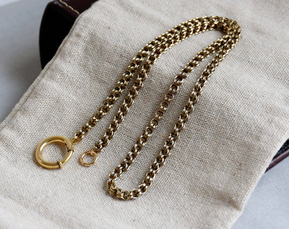 Antique Victorian 12K-14K Solid Gold Double Interlocking Link Collar Chain Necklace, Locket Watch Chain, Choker, 17.5 Inches