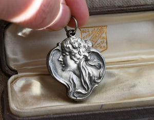 Antique French Art Nouveau 900 Silver Mucha Maiden Repousse Slide Locket, Gibson Girl, 34" antique sterling silver Chain