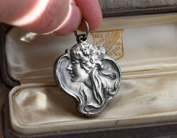 Antique French Art Nouveau 900 Silver Mucha Maiden Repousse Slide Locket, Gibson Girl, 34