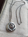 Antique Repousse Floral Pansy Sterling Silver Chatelaine Round Shape Locket, No Monogram, 24" Sterling Silver Chain