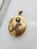 Reserved Antique Victorian English 15K Solid Gold Emerald Seed Pearl Forget-Me-Not Floral Oval Photo Locket, Circa 1880