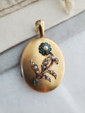 Reserved Antique Victorian English 15K Solid Gold Emerald Seed Pearl Forget-Me-Not Floral Oval Photo Locket, Circa 1880