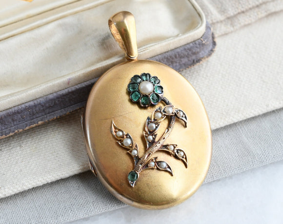 Reserved Antique Victorian English 15K Solid Gold Emerald Seed Pearl Forget-Me-Not Floral Oval Photo Locket, Circa 1880