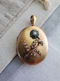 Reserved Antique Victorian English 15K Solid Gold Emerald Seed Pearl Forget-Me-Not Floral Oval Photo Locket, Circa 1880