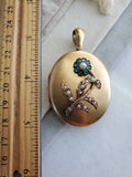 Reserved Antique Victorian English 15K Solid Gold Emerald Seed Pearl Forget-Me-Not Floral Oval Photo Locket, Circa 1880