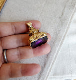 Victorian 14K Solid Yellow Gold Floral Carving Deep Purple Amethyst Wax Seal Watch Fob Charm Pendant