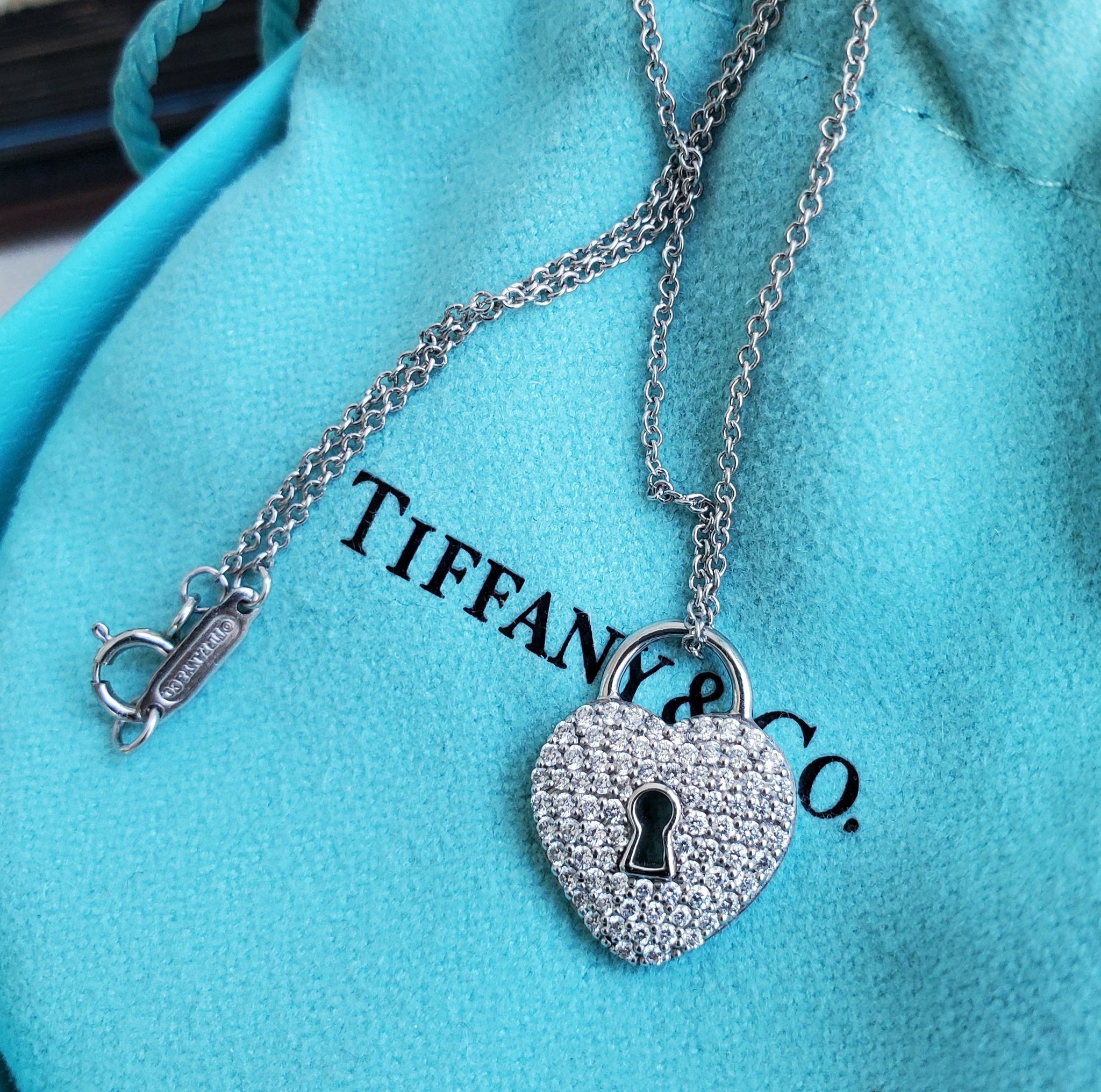 Tiffany & Co. Platinum Diamond Heart Lock 16 in. Pendant Necklace Pt  950
