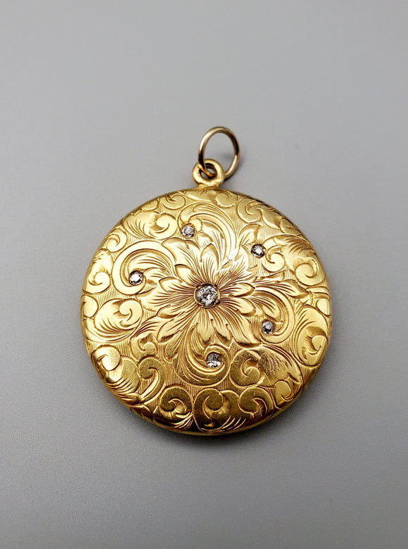 Antique Edwardian 14K Solid Gold Hand Etched Swirl Scrolled Work 0.27 CTW Old Cut Diamond Locket, Monogram SIM, Gift for Her