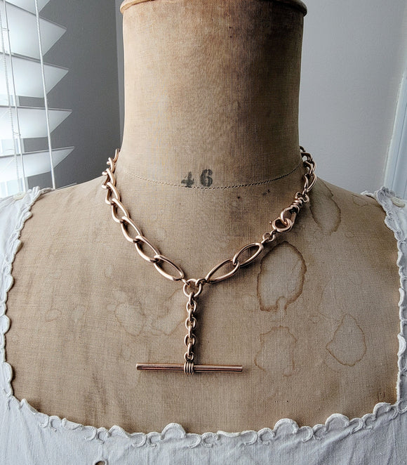 Antique 10K Solid Rose Gold Oval Curvy Link Watch Chain Choker Necklace, 16.75