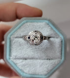 Vintage Antique Art Deco Platinum GIA 0.94CT K VS2 Old European Cut Diamond Sapphire Filigree Carved Engagement Ring, 1.15 CTW, Size 5.75