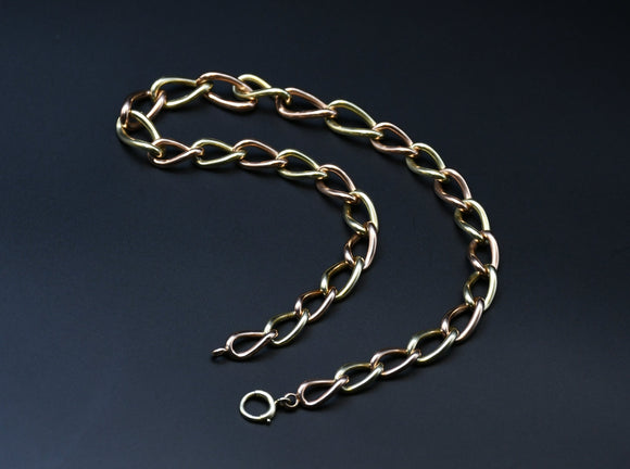 Solid 14K Rose Gold and Yellow Gold Two-Tone Collar Chain Necklace, Graduated Curvy Link Watch Chain