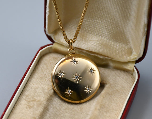 Victorian Solid Gold Rose Cut Diamond Starburst Round Shape Photo Locket Necklace, Monogram EMG