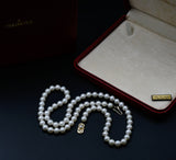 Classic Mikimoto Akoya Pearl Single Strand Necklace, 7.5mm-8mm, Hand Knotted, 18K Yellow Gold Pearl Clasp, 24 Inches, Gift for Her