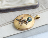 Reserved Antique Victorian English 15K Solid Gold Emerald Seed Pearl Forget-Me-Not Floral Oval Photo Locket, Circa 1880