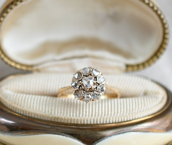 Vintage Antique French 18K Gold Rose Cut Diamond Flower Halo Cluster Cocktail Ring, Engagement Ring, Size 8-8.5