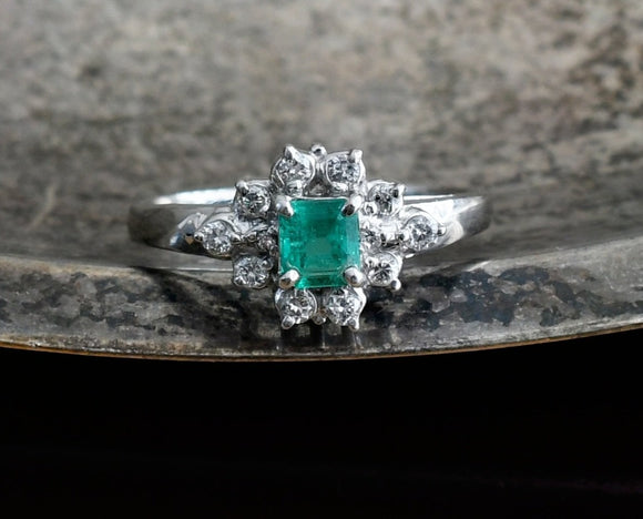 Vintage Estate 0.54 CTW Emerald Diamond Halo Platinum Engagement Cocktail Ring, Size 6.5, Gift for Her