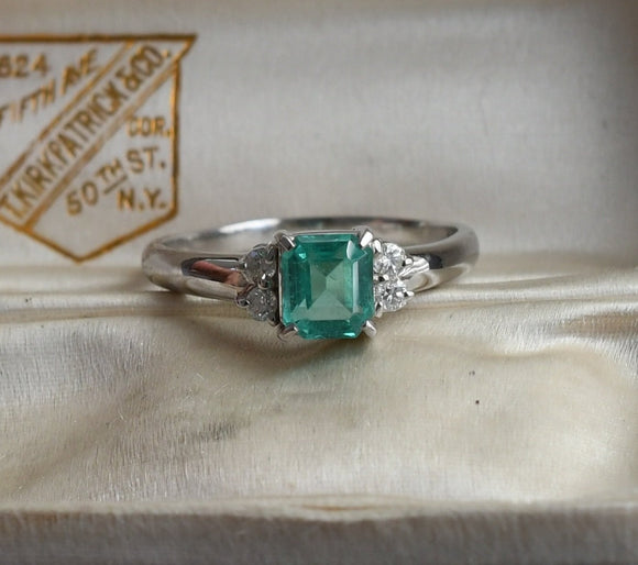 Vintage 1.04CT Emerald Diamond Platinum Engagement Cocktail Ring, Size 6.25, Gift for Her