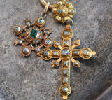 Antique Late 17th Century Iberian Spanish Rose Cut Diamond Emerald 22K High Karat Gold Cross, Christian Crucifix Religious Charm Pendant
