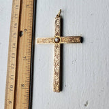 Antique Victorian Scroll Work Floral Etched Diamond 10K Gold Cross Pendant, Religious Charm Pendant