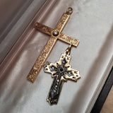 Vintage Antique Art Deco 14K Gold Silver Rose Cut diamond Sapphire Cross Pendant, Religious Charm Pendant