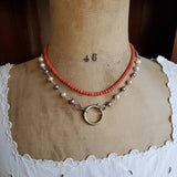 Antique Victorian Genuine Natural Undyed Salmon Red Coral Bead Strand Choker Necklace, 10K Original Barrel Clasp, 15.5 Inches, Gift for Her