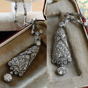 Antique Edwardian Platinum 14K Filigree Bezel-Set Old European Cut Diamond Necklace, Bridal Necklace