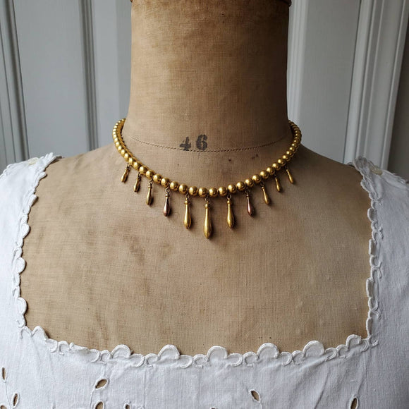 Antique Victorian Yellow Gold Filled Egyptian Revival Cleopatra Fringe Drop Statement Necklace, Collar Chain, Circa 1880s
