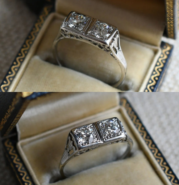 Art Deco 18K White Gold Duo Two Stone Old European Cut Diamonds Filigree Carved Engagement Wedding Anniversary Ring, 0.78 CTW, Size 6.5-6.75