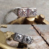 Reserved Art Deco 18K White Gold Duo Two Stone Old European Cut Diamonds Filigree Carved Engagement Wedding Anniversary Ring, 0.78 CTW, Size 6.5-6.75