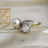 Antique 18K Gold Platinum 0.32 Ct Old Mine Cushion Cut Diamond Pearl Two Stone Toi et Moi Bypass Engagement Ring, Size 5